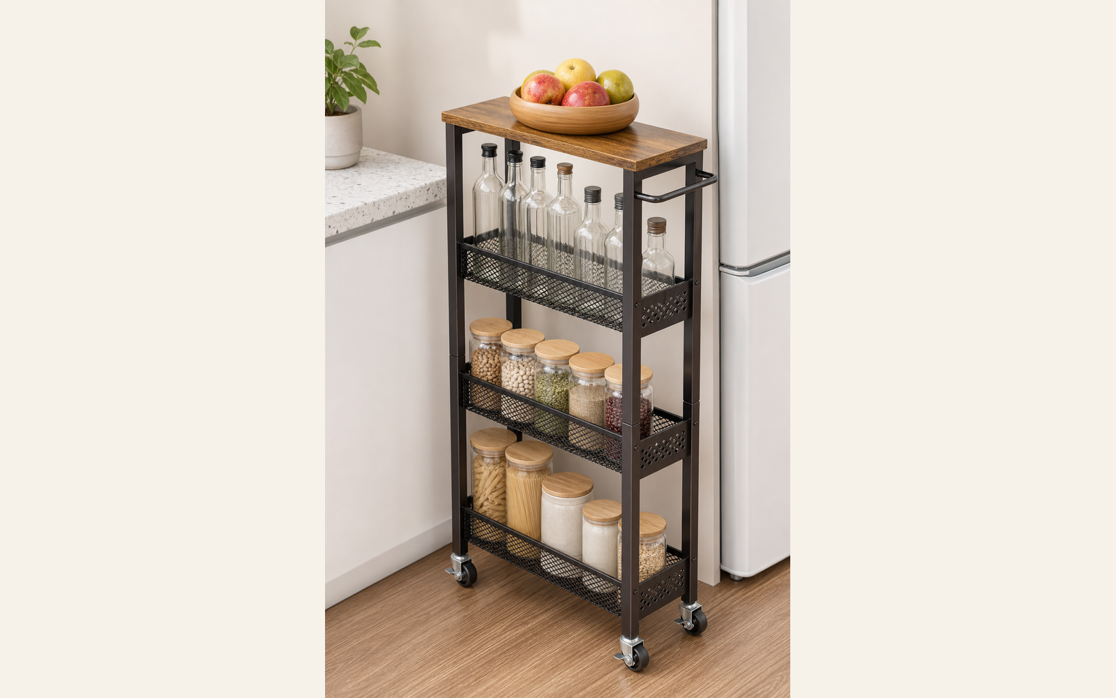 Slim rolling cart for fridge-side gap storage product image