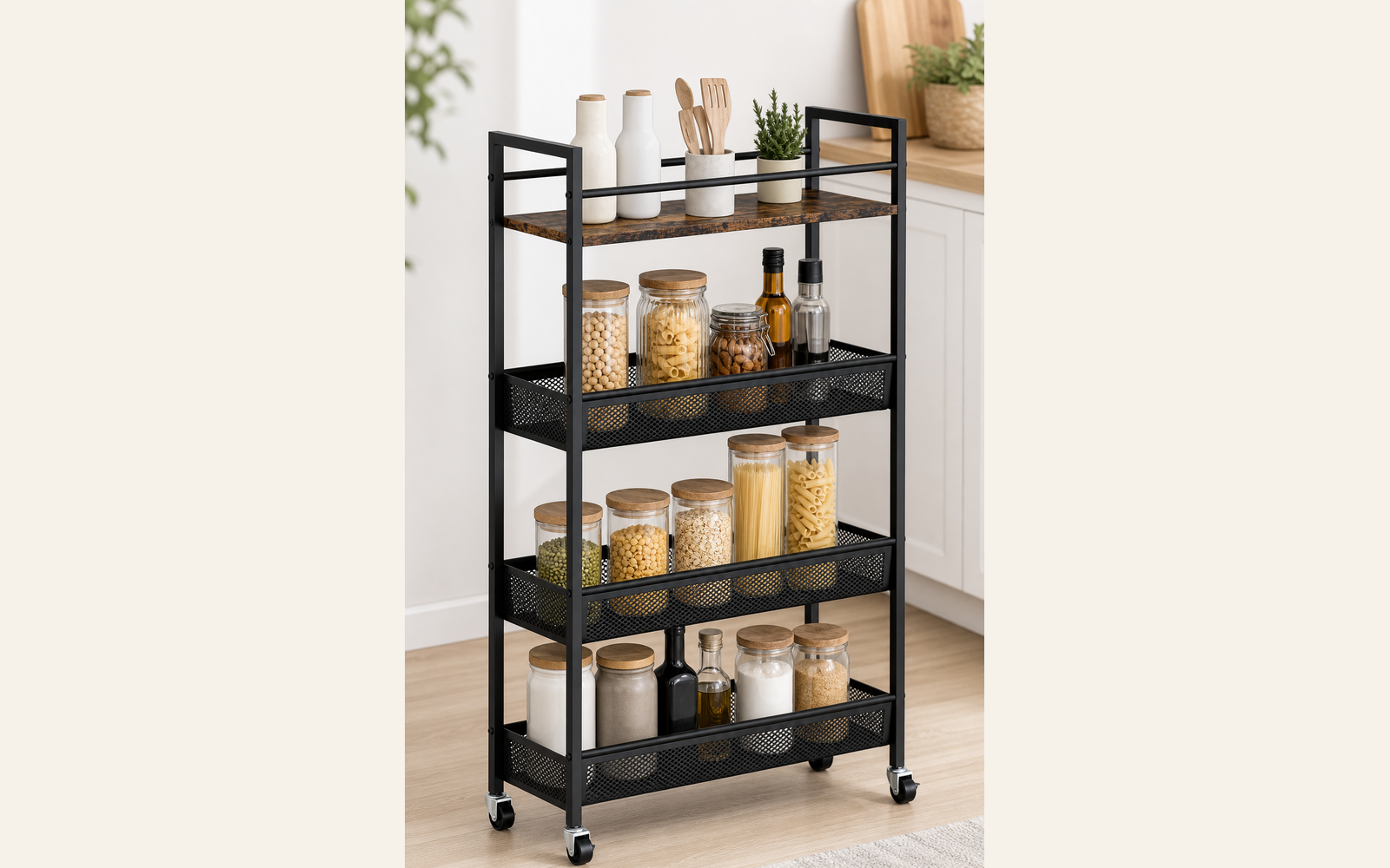 Three-tier narrow rolling cart for pantry overflow product image