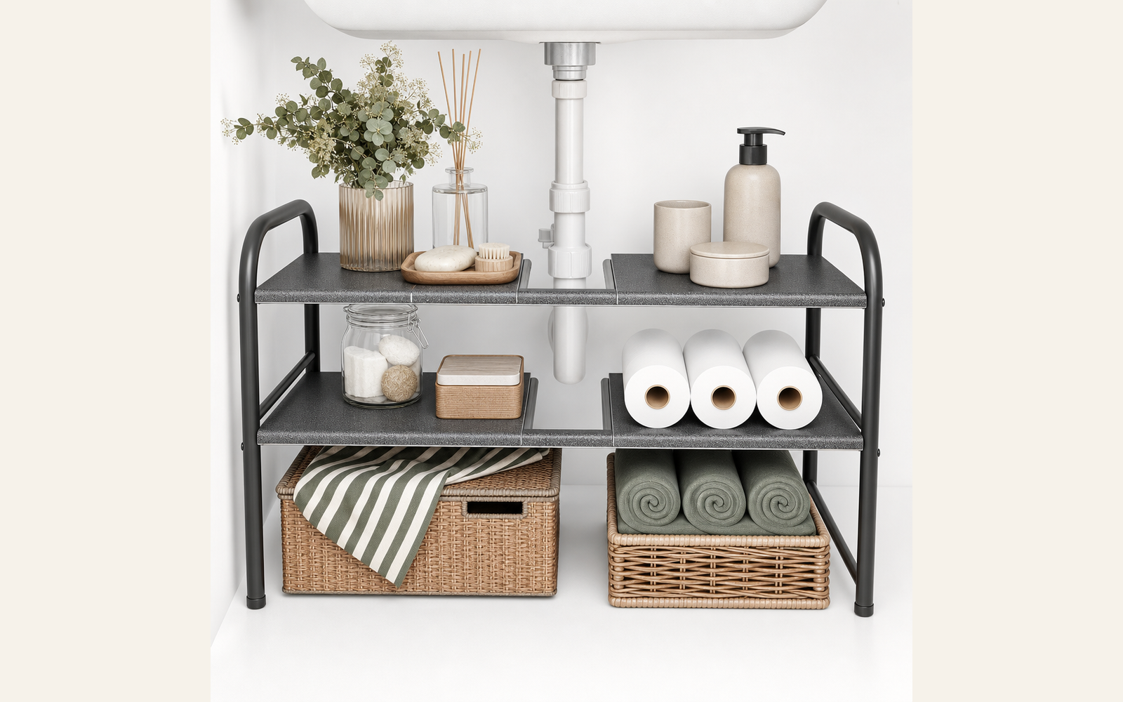 Expandable under-sink shelf around plumbing product image